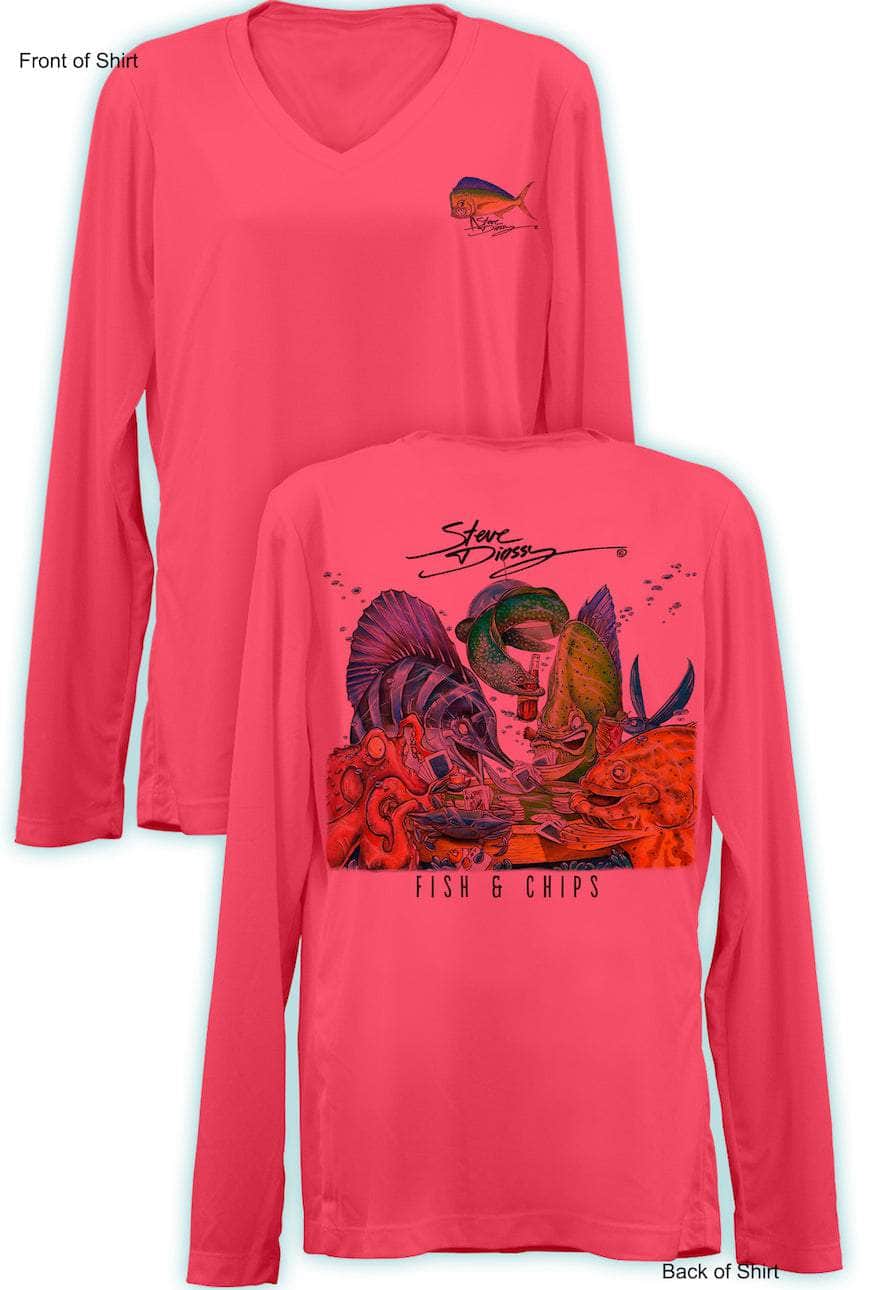 Fish N' Chips- Ladies Long Sleeve V-Neck-100% Polyester